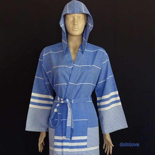 Femmes ou hommes bleu ciel couleur turque poids léger doux coton à capuchon peignoir de bain, robe de chambre.