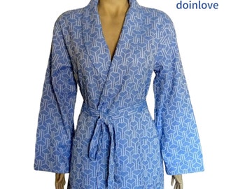 Long sleeved soft cotton jacquard lightweight shawl collar bathrobe in blue white, dressing gown.