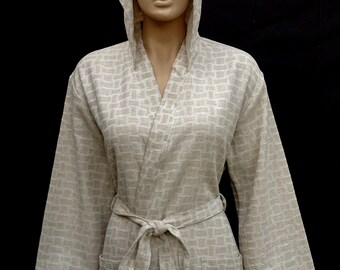 Beige colour linen and cotton mixed jacquard Turkish lightweight hooded bathrobe, linen robe.
