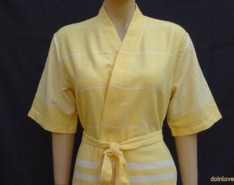 Yellow Turkish Cotton Kimono Robe, Lightweight Spa Bathrobe