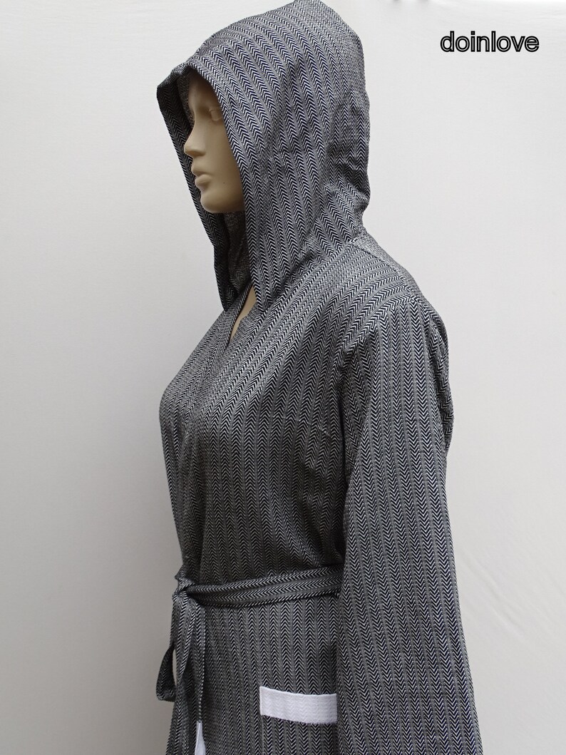 Black colour chevron patterned Turkish lightweight soft cotton hooded bathrobe.