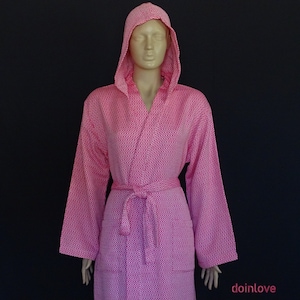 Women&#39;s fuchsia pink cyristal patterned Turkish soft cotton warm bathrobe, warm dressing gown.