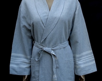 Linen soft lightweight shawl collar silver gray bathrobe, linen dressing gown.