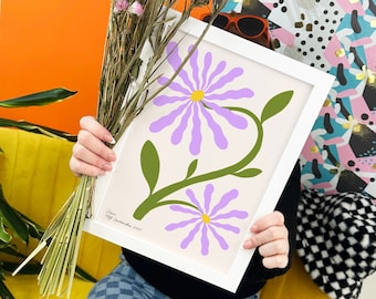 Gepersonaliseerde geboorte bloem print, geïllustreerde gepersonaliseerde bloem verjaardagscadeau voor haar, bloemen eenvoudige illustratie digitale print cadeau