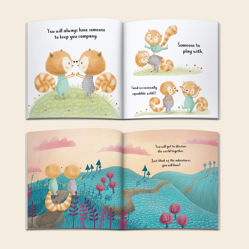 Personalised Twins Story Book, Triplets Story Book, Personalized New Baby Twins Triplets Gift, Red Panda, Twins Triplets Gifts Baptism image 6
