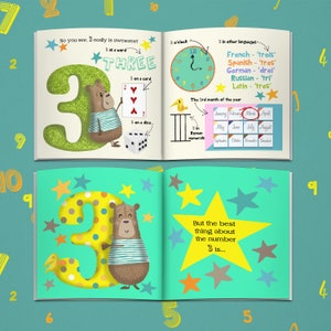 May include: A children's book spread featuring the number 3. The illustrations include a bear, a clock, a die, and a playing card. Text includes "THREE", "3 as a word", and "But the best thing about the number 3 is..."