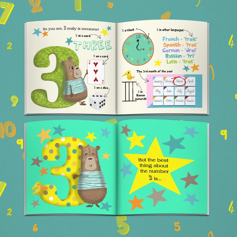 May include: A children's book spread featuring the number 3. The illustrations include a bear, a clock, a die, and a playing card. Text includes "THREE", "3 as a word", and "But the best thing about the number 3 is..."