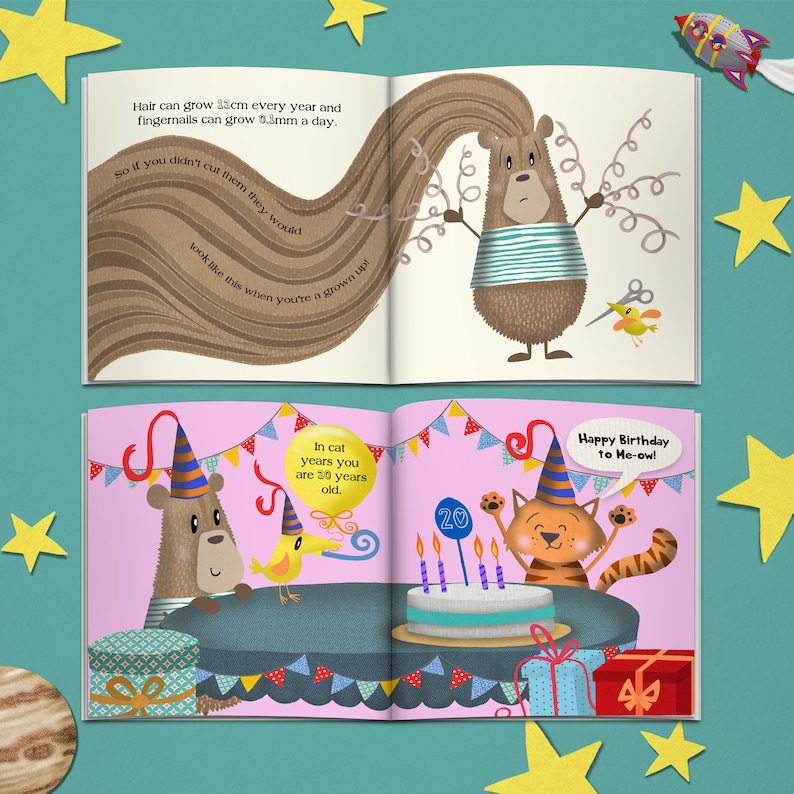 May include: A children's book spread with illustrations. One page shows a bear with long hair, text about hair growth, and a bird with scissors. The other page shows a cat's birthday with a cake, gifts, and the text "Happy Birthday to Me-ow!"