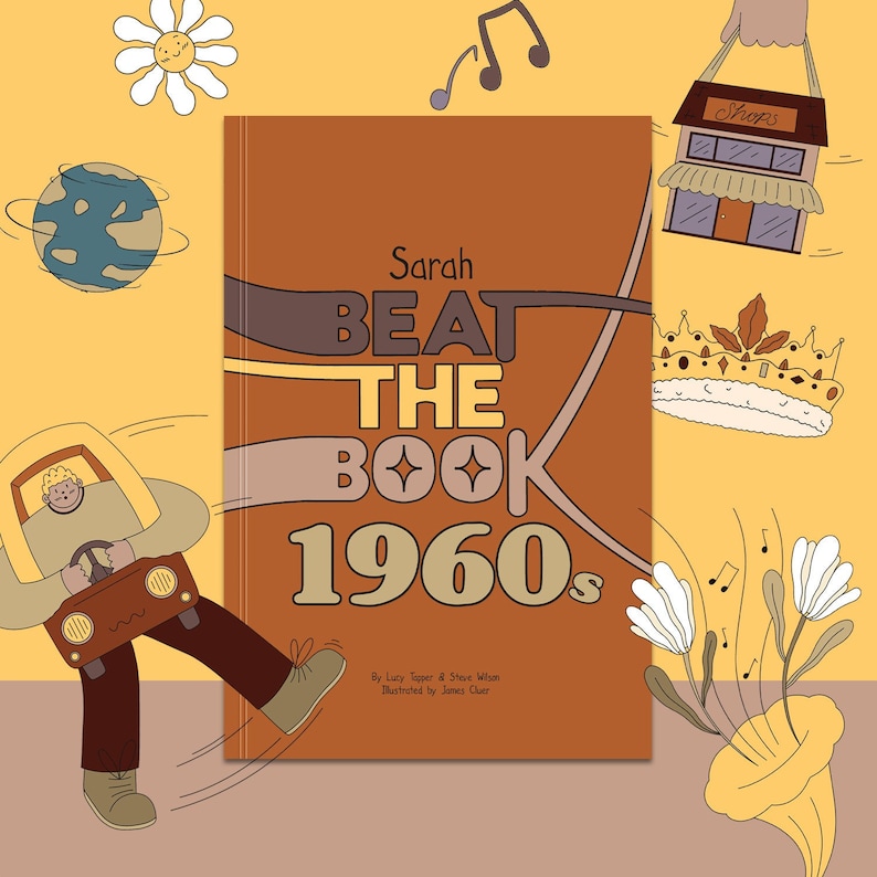 Libro de preguntas Beat The Book personalizado de los años 60, nostalgia de la década de 1960, regalo de cumpleaños número 60 para hombres y mujeres, retro de 1960 imagen 2