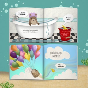 May include: A children's book illustration with a bear in a bathtub and a bear in a basket carried by balloons. Text includes "I'm glad this is just water," "Are you sure?!" and "What a windy day!"
