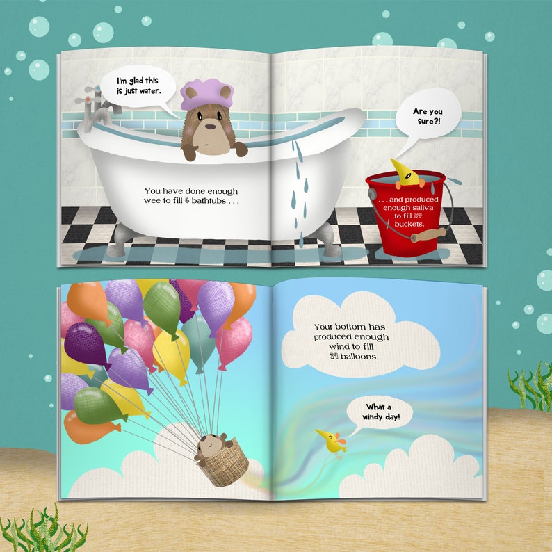 May include: A children's book illustration with a bear in a bathtub and a bear in a basket carried by balloons. Text includes "I'm glad this is just water," "Are you sure?!" and "What a windy day!"