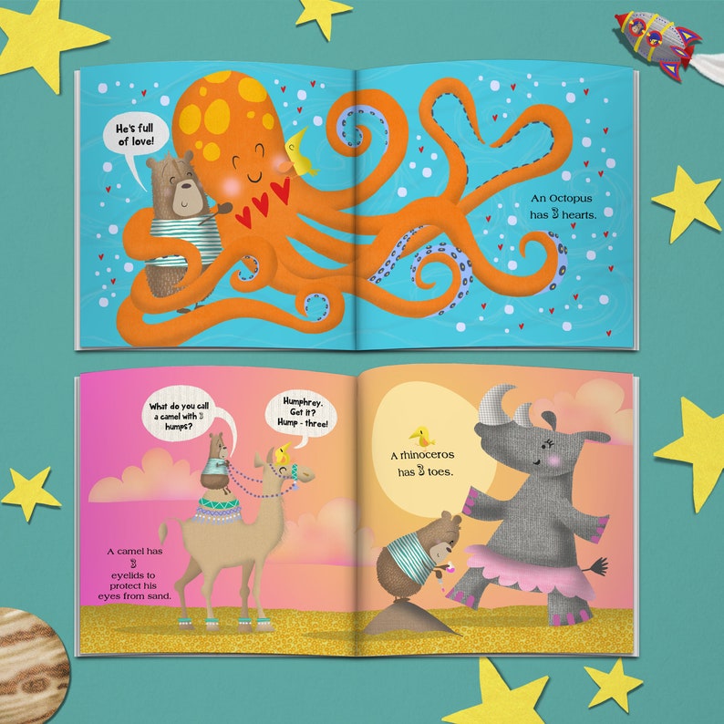 May include: A children's book with colorful illustrations. One page shows an orange octopus with hearts and the text "An Octopus has 3 hearts." Another page features a camel, a rhinoceros, and text about them.