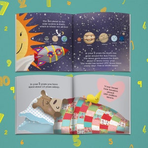 May include: A children's book with colorful illustrations. One page shows the solar system with planets and a rocket ship. The other page features a bear sleeping under a patchwork quilt. Text includes facts about Earth.