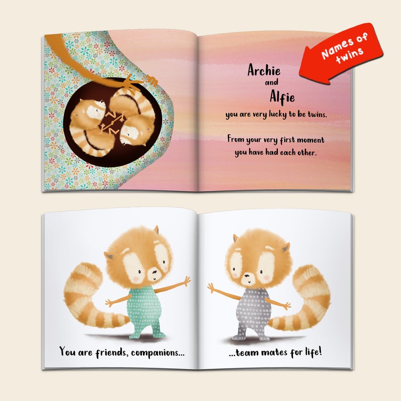 Personalised Twins Story Book, Triplets Story Book, Personalized New Baby Twins Triplets Gift, Red Panda, Twins Triplets Gifts Baptism image 5