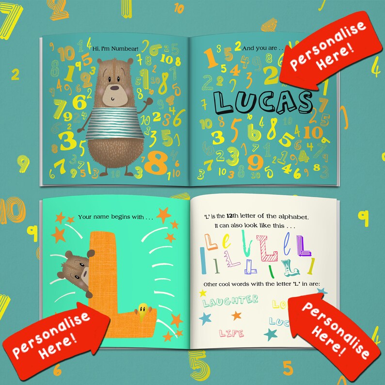 May include: A children's book with illustrations of a bear and numbers. The book is open to several pages, one with the name "LUCAS" and another with the letter "L". The text "Personalise Here!" is on the cover.