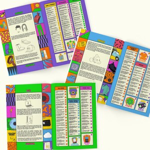 Może przedstawiać: Kolekcja otwartych magazyn&oacute;w z kolorowymi stronami, prezentujących sekcje dotyczące mody, włos&oacute;w i makijażu, akcesori&oacute;w, odzieży, film&oacute;w i technologii. Każda strona ma unikalny design z ilustracjami i tekstem na białym tle.