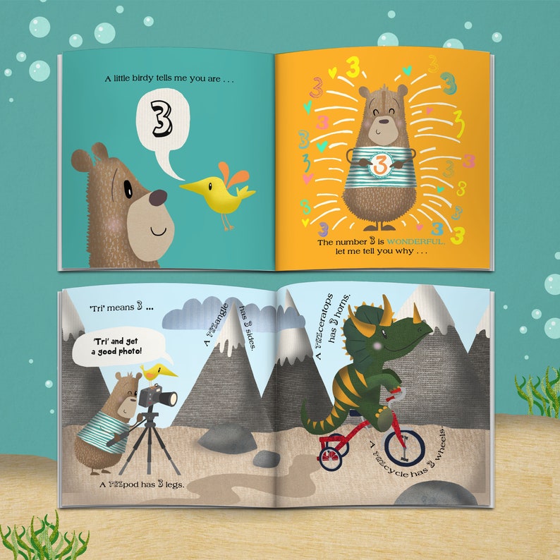 May include: A children's book open to three pages with illustrations. The first page shows a bear and bird with the number 3 in a speech bubble. The second page has a bear with the number 3 and text. The third page shows a bear with a camera and a dinosaur on a tricycle.