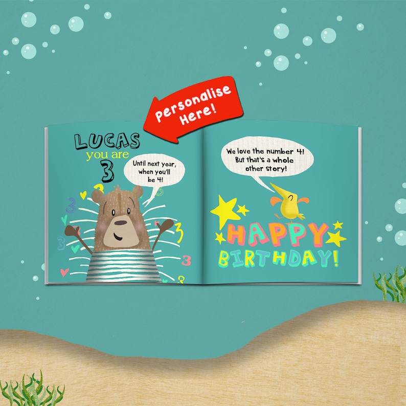 May include: Open book with a teal background, featuring a cartoon bear and the text "LUCAS you are 3". The right page says "HAPPY BIRTHDAY!" with a yellow bird and stars. A red arrow says "Personalise Here!"