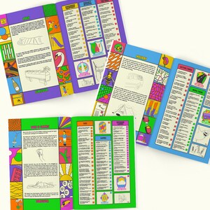 Może przedstawiać: Kolekcja otwartych książek z kolorowymi ilustracjami i tekstem. Strony prezentują r&oacute;żne tematy, w tym "Park", "Wakacje" i "Zabawki i Gry". Każda strona ma unikalną obw&oacute;dkę i design.