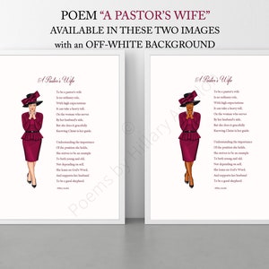 May include: Two printable art prints with a white background featuring a poem titled "A Pastor's Wife". The poem is written in black text and the image features a woman in a burgundy dress and hat.