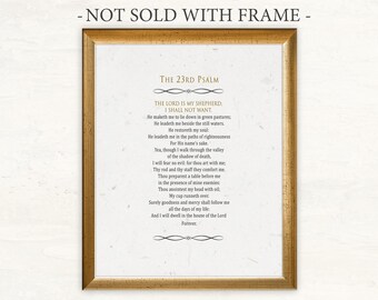 May include: A printable wall art design featuring the 23rd Psalm in a black and gold font on a white background. The text is framed in a gold frame.