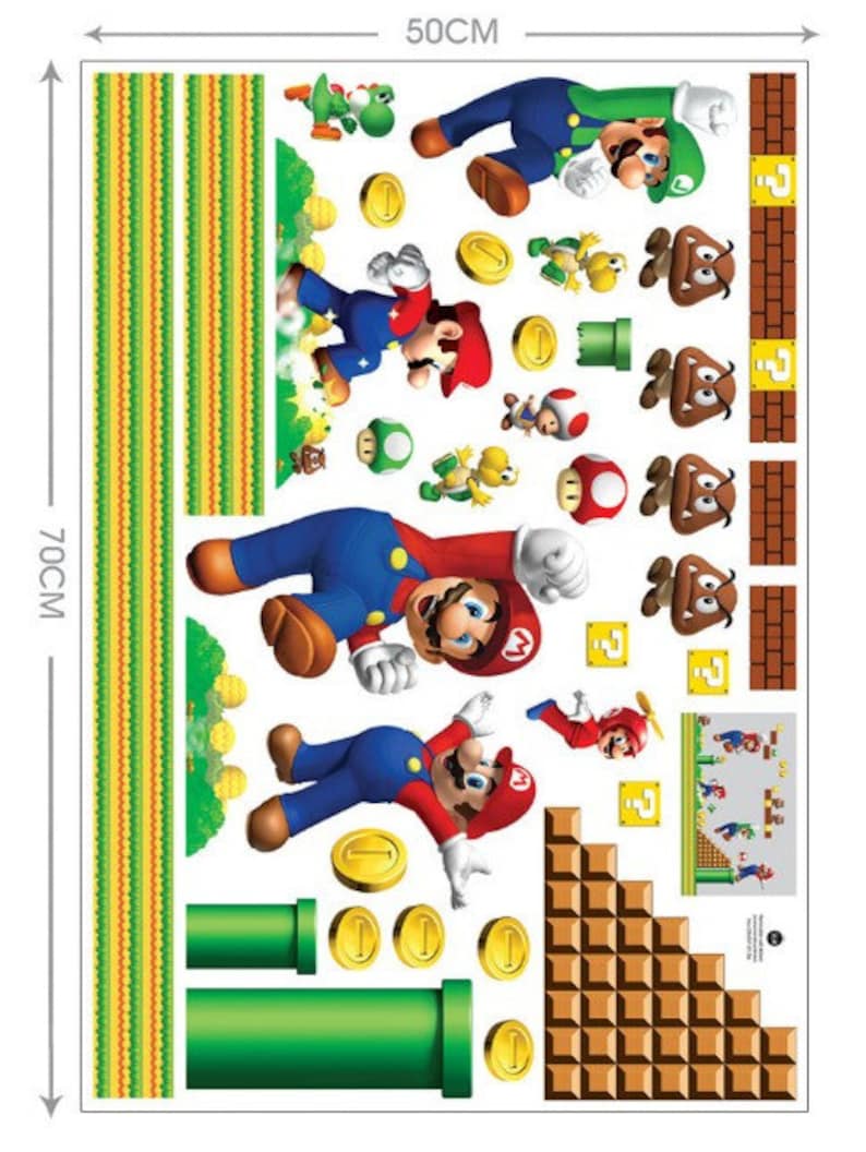 Super Mario Decals Removable Wall Sticker Bros Kids Nursery Etsy