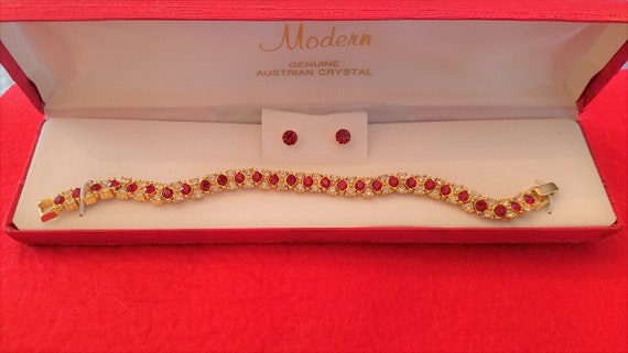 Vintage Austrian Red and Clear Austrian Crystal Bracelet and Earrings Set