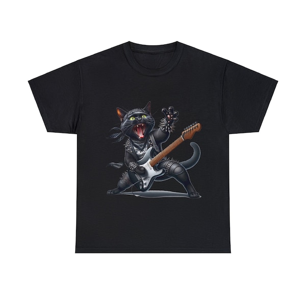 Cool Black cat heavy metal guitarist blackcat leather jacket playing guitar graphic tee!