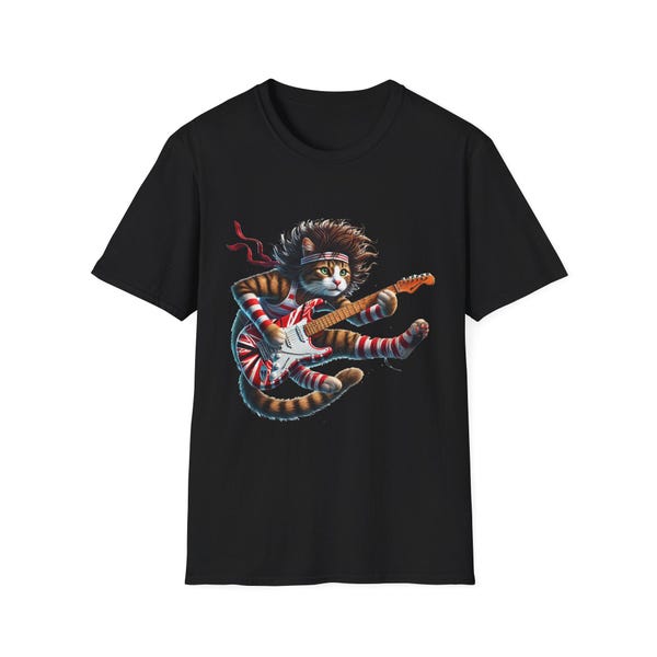 Rockstar kitty cat  tribute  Eddie Van Halen guitar playin' rocker cat t-shirt!
