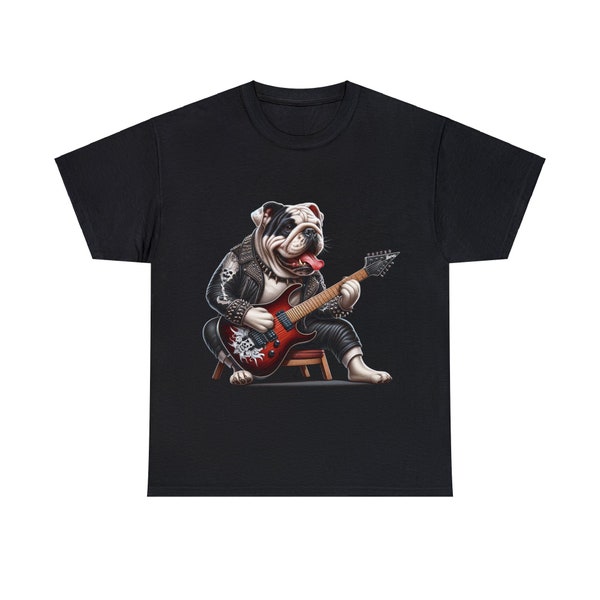 Bulldog rock 'n roll guitar player dog tee!