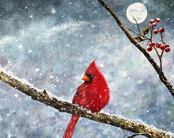 Red Cardinal Print - Winter Cardinal - Snow Painting - Cardinal Painting - Nature Art Print - Fine Art Painting - Matted Print