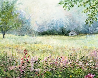 Meadow Painting - Peaceful Painting - Spring Landscape - Countryside Painting - Realistic Landscape - Field Painting - Matted Print