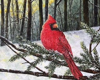 Cardinal Painting - Winter Sunset - Snow Painting - Bird Print - Winter Cardinal - Fine Art Print - Nature Art - Matted Print