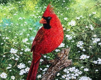 Cardinal Art Print - Red Cardinal Painting - Bird Art Print - Spring Painting - Nature Print - Meadow Painting - Bird Artwork - Matted Print