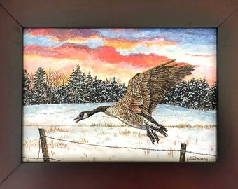 Goose Painting - Small Original Art - Sunset Painting - Small Bird Painting - Nature Artwork - Winter Painting - Snow Painting