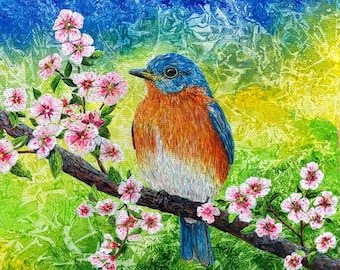 Bluebird Print - Cherry Blossom Print - Bird and Flower - Colorful