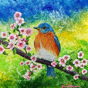 Bluebird Print - Cherry Blossom Print - Bird and Flower - Colorful Bird Art - Spring Painting - Unique Art - Nature Painting - Matted Print