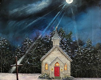 Church Painting - Snow Scene Print - Winter Landscape - Winter Night -  Church Cross - Moon Painting - Snowy Landscape - Matted Print