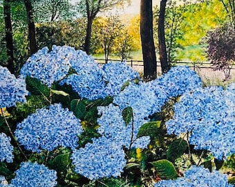 Blue Hydrangea Print - Colorful Landscape - Nature Art - Flowers Painting - Spring Landscape - Vibrant Painting - Matted Print