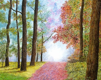 Fall Leaves Painting - Forest Painting - Nature Art - Trees Painting - Realistic Landscape - Fall Print - Autumn Painting - Matted Print