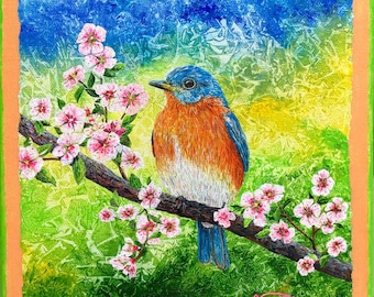 Bluebird Painting - Cherry Blossom Art - Bird Art Canvas - Fine Art Original - Nature Art - Small Original Art - Vibrant Painting