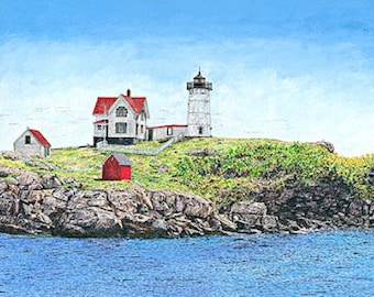 Pintura de faros - Faro nubble - Pintura al agua - Ocean Print - Giclee Canvas Print - Maine Lighthouse - Sea Print