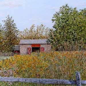 May include: A stone barn with a red door and a wooden fence in front of it. The barn is surrounded by trees and bushes. The sky is blue and cloudy.