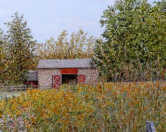 Autumn Art Print - Farm Painting - Barn Painting - Autumn Landscape - Country Painting - Nature Painting - Small Print Art - Matted Print