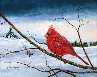 Cardinal Bird - Snow Painting - Winter Landscape - Red Cardinal - Nature Art - Winter Scene - Snow Scene - Small Art Print - Matted Print