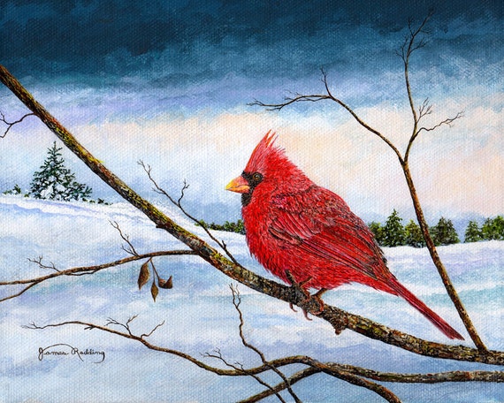 Cardinal Bird Snow Painting Winter Landscape Red Cardinal Nature Art Winter  Scene Snow Scene Small Art Print Matted Print - Etsy