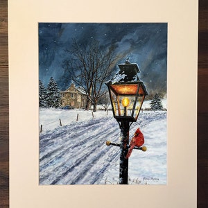 Night Painting - Winter Landscape - Cardinal Painting - Snow Scene - Evening Painting - Street Scene - Fine Art Print - Matted Print image 2