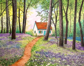 Cottage Painting - Spring Landscape - Forest Print - Fine Art Print - Colorful Landscape - Cottage Art - Realistic Landscape - Matted Print