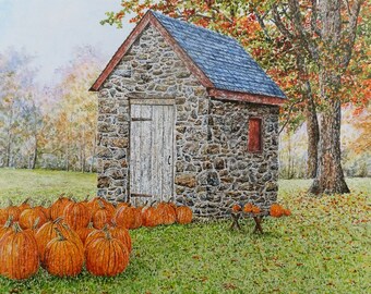 Pumpkin Painting - Fall Painting - Nature Art - Landscape Painting - Country Painting - Autumn Artwork - Americana Art - Matted Print