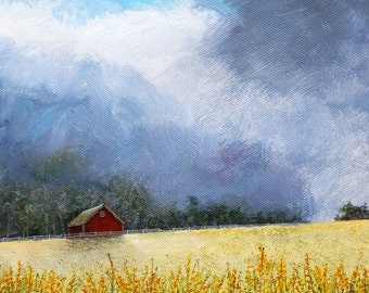 Field Painting - Dusk Painting -  Nature Art - Landscape Painting - Country Print - Farm Painting - Evening Painting - Matted Print